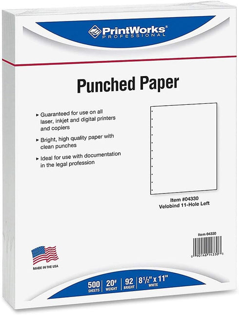 PrintWorks Professional Prepunched Paper, 8.5 x 11, 20 lb, 500 Sheets, White (04330)