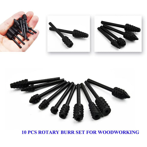Rasp Wood Carving Bits for Woodworking, 1/8 Shank Mini Rotary Burr Rasp Set, 10 pcs Power Carving Bit Tools