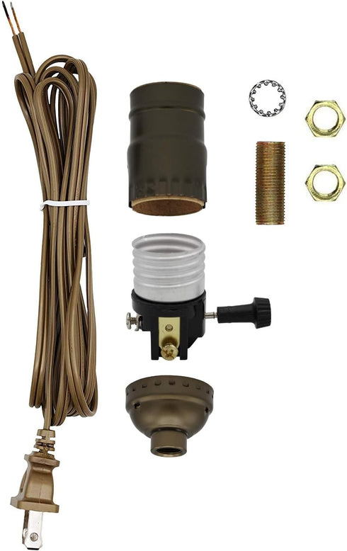 Make a Lamp or Repair Kit - All Essential Hardware, 3 Way Socket, and Matching Electric Cord (Bronze)