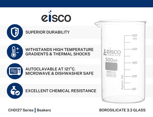 EISCO Beaker, 150ml - Tall Form with Spout, 25ml Graduations, Borosilicate 3.3 Glass