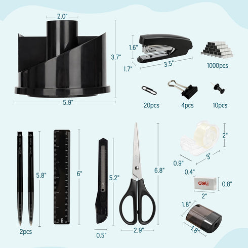 deli Office Supplies Set, 1045 Pcs Desk Accessory Organizer Kit, Stapler, Rotating Pen Holder, Tape Dispenser, Black
