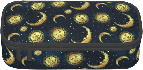 Moon Sun and Stars Pencil Case Bag, Gold Celestial Bodies Boho Style Pen Holder for Kids, Students, Desk Organizer