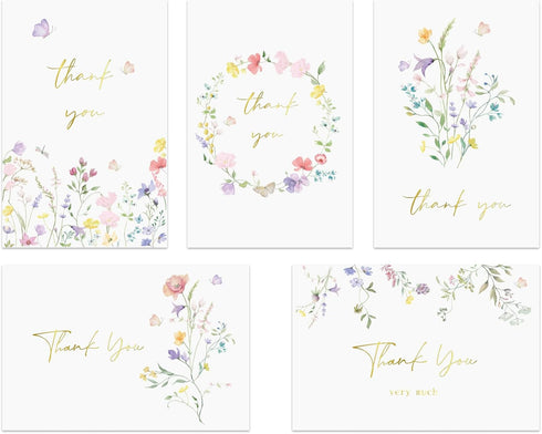 Generic 20 pack Floral Thank You Cards with Adhesive Envelopes, Gold Foil 4"