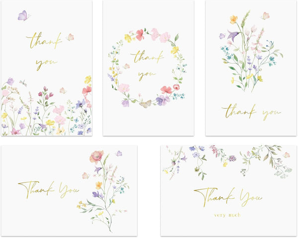 Generic 20 pack Floral Thank You Cards with Adhesive Envelopes, Gold Foil 4"