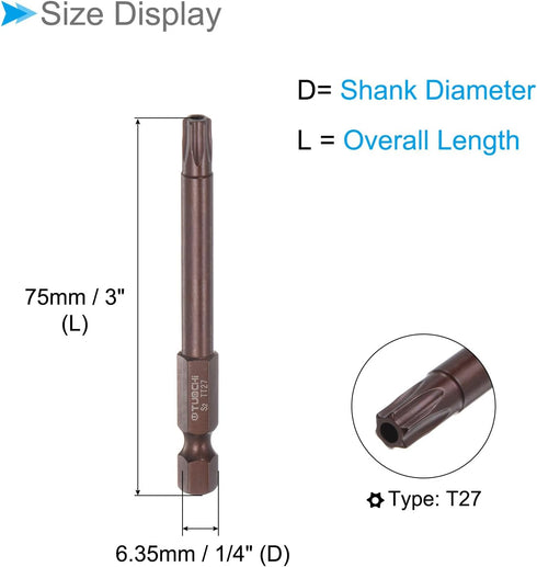 Magnetic Torx Screwdriver Bit, T27 3" Length 1/4" Hex Shank, S2 Steel Star 6 Point Drill Driver Tamper Proof - (Applications: for Auto Repair), 2-Pieces