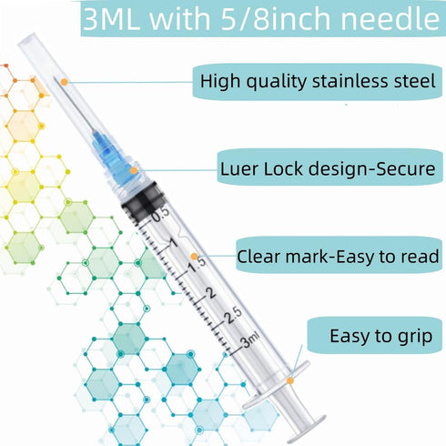 50 Pack 3ml Syringes with Needle - 23 Gauge, 5/8 inch Needle Luer Lock Syringe, Individually Sealed Packaged