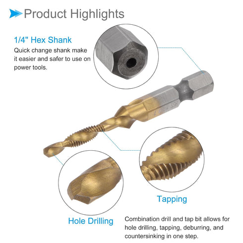 Combination Drill and Tap Bit M4 x 0.7 Thread Size 1/4" Hex Shank Titanium Coated Tools