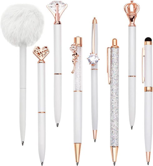 WEMATE 8Pcs Ballpoint Pens Set, Metal Crystal Diamond Glitter Pens for Journaling, White Pen Bling in Black & Blue Ink,