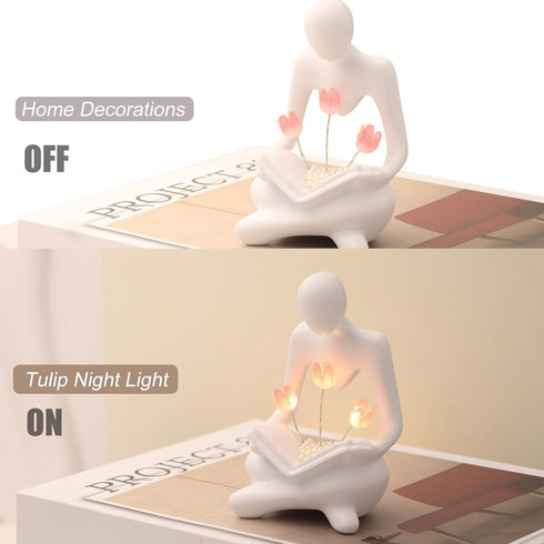 ITOWNKN Reading Sculptures Tulip Lamp,Thinker Statue Figurine Battery Powered Night Light,Modern Abstract Home