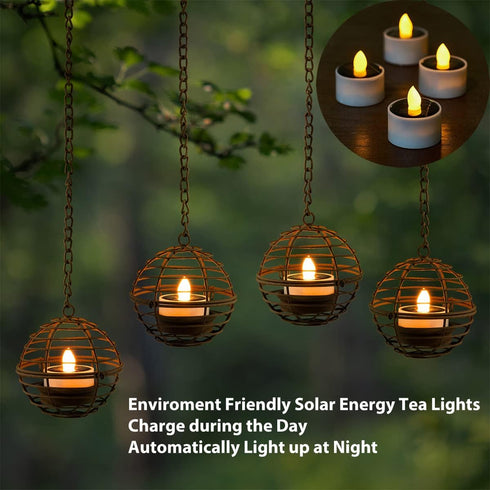 TWINKVILLA Decoration-4Pack Solar Hanging Lanterns Outdoor Waterproof, Rust Iron Ball Candle Holder with Flickering