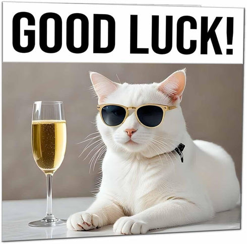 Purple Fox Good Luck Card - White Cat - New Job Co Worker Colleague