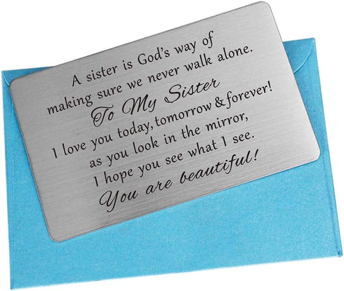 FALOGIJE Sister Gifts from Sister - Permanent Engraving Wallet Card, A Sister is God's Way of Making Sure We Never Walk