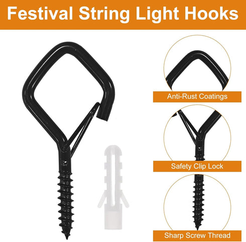 VAZOCA 42 Pcs Screw Hooks for Outdoor String Lights, Q-Hanger Hook with Safety Buckle, Patio Wall Ceilling Square Eye