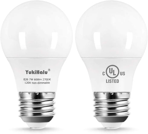 YukiHalu A15 Appliance Light Bulb, 60W Equivalent, 600 Lumens, 7W 120V, 2700k Soft White, Waterproof, E26 Base, 2-Pack