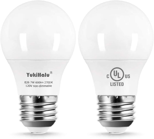 YukiHalu A15 Appliance Light Bulb, 60W Equivalent, 600 Lumens, 7W 120V, 2700k Soft White, Waterproof, E26 Base, 2-Pack