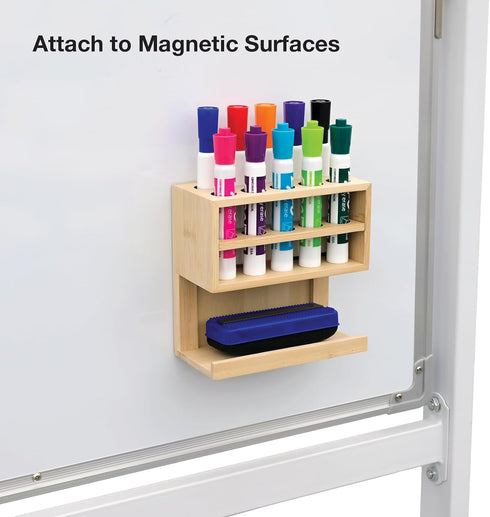 Excello Global Products Bamboo Dry Erase Marker Holder, Magnetic Mount, Holds 10 Markers and an Eraser