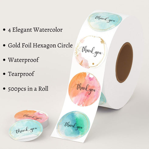 Thank You Stickers Roll | Elegant Water Color with Gold Foil | 1.5 inch | 500 Waterproof Labels for Small Business