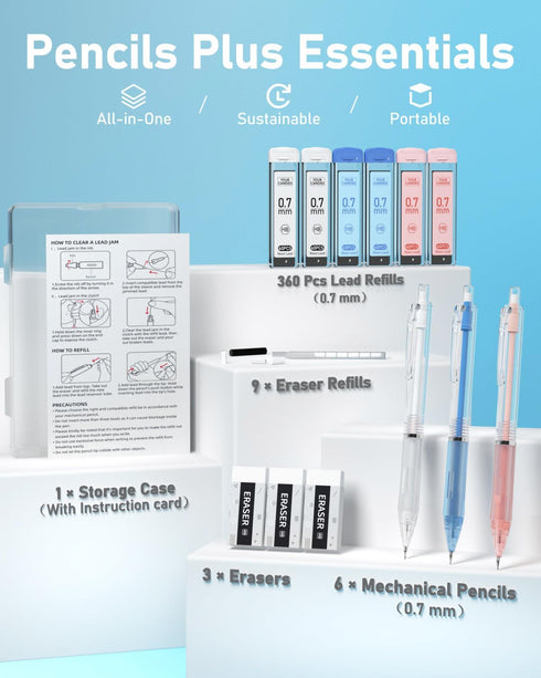 Four Candies 3PCS Clear Mechanical Pencils Set, 0.7mm Pastel Mechanical Pencils with 360PCS HB Lead Refills, 3PCS Erasers, 9PCS Eraser Refills for Student School Supplies by Four Candies