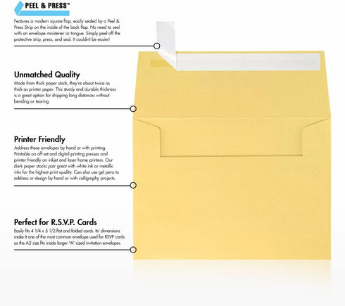 LUXPaper A2 Invitation Envelopes | Peel & Press | Gold Metallic | 4 3/8" x 5 3/4" | 80lb. Text | 50 Qty