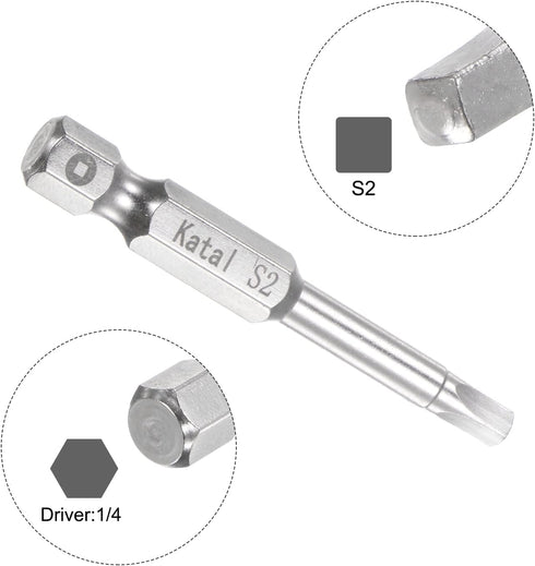 5pcs S2 Square Screwdriver Bit 1/4" Hex Shank 2" Length Magnetic Power Tool
