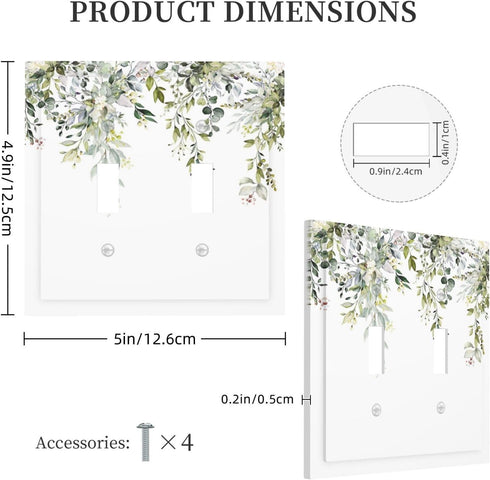 Light Switch Covers Decorative 2 Toggle, Eucalyptus Sage Green Watercolor Plant Leaves Double Toggle Wall Plate