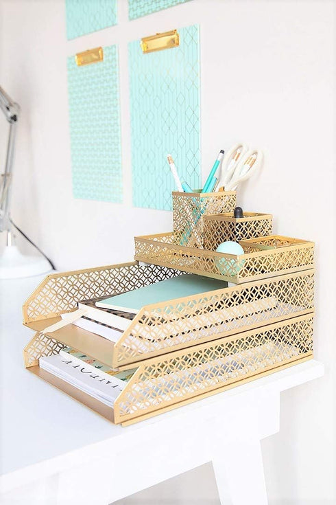 BLU MONACO Office Supplies Gold Desk Accessories, 6 Piece Interlocking Stylish Organizer Set for Women