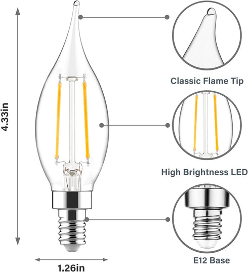 Sengled E12 Bulb Dimmable, 60W CA10 Bulbs, 5000K 12 Pack LED Candelabra Equivalent, Flame Tip Chandelier Light Daylight