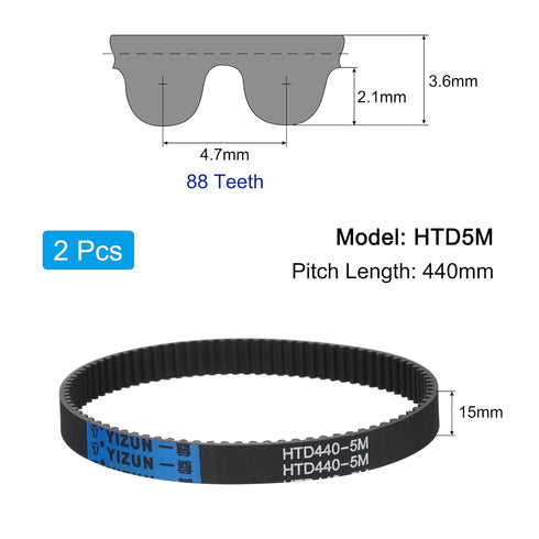 uxcell 2pcs HTD-5M Rubber Timing Belt 88 Teeth, 440mm Pitch Length x 15mm Width x 3.6mm Height, Closed Loop Pulley Timing Belt
