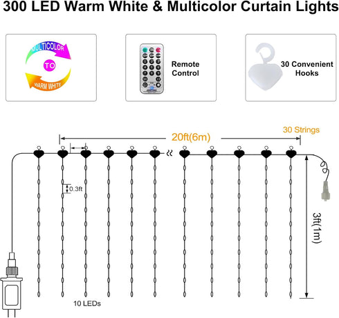 20Ft3Ft, 300 ZAIYW Curtain Lights Outdoor LED Color Changing Fence String Lights with Plug Remote, Waterproof Light