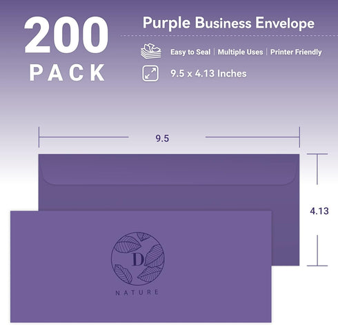 Business Envelopes 200-Pack #10 - Purple Standard Square Flap, Gummed Seal for Invitations, Office, Mailing