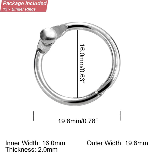 ManTangSun 15 Pack 5/8" 16mm Mini Binder Rings Metal Loose Leaf Loop Book Ring for Flash Card Index, Silver