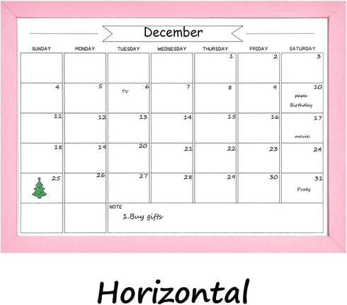 Dry Erase Monthly Calendar Board, Magnetic Whiteboard for Wall, Office/School/Home, Solid Wood Pink Frame Hanging Board