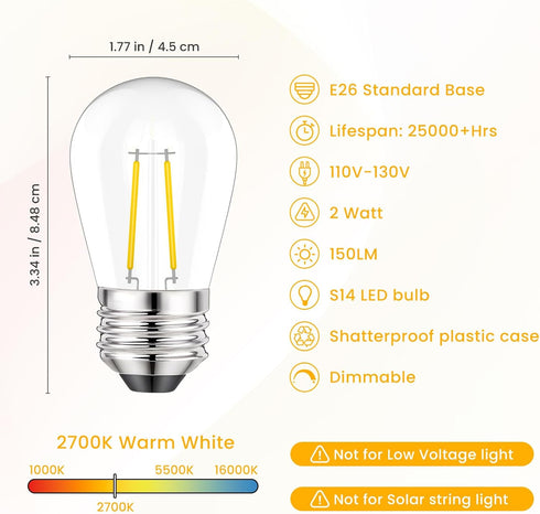 Svater 15 Pack 2W S14 Replacement LED Bulbs for Outdoor String Light, Dimmable Plastic Vintage Edison Bulb Lights, E26 Base,IP65 Waterproof, Warm White 2700K by Svater