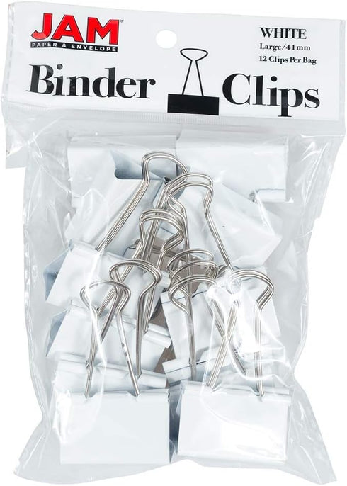 JAM PAPER Colorful Binder Clips, Large, 1 1/2 Inch (41 mm), White, 12/Pack