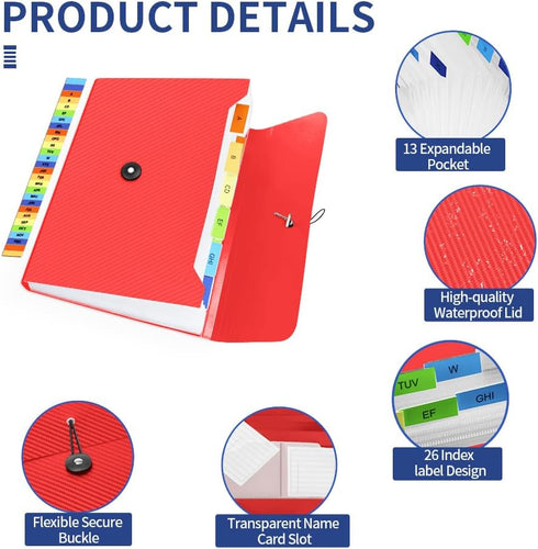 Expanding File Folder, 13 Pockets Accordion Organizer for A4 Letter Size Documents, Red, Ideal for Classroom, Home,