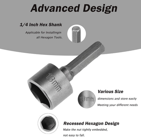9pcs Nut Driver Drill Bit Set, Impact Ready Socket Bit Chuck Adapter 1/4" Hex Shank 5-13mm Metric Socket