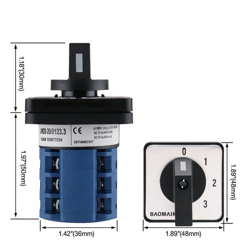 Baomain Rotary Cam Changeover Switch LW28-20/0123.3, 660V 20A, 12 Terminals, 4 Positions