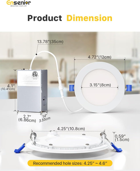 1 Pack 4 Inch Dimmable, 2700K-5000K 5CCT, 750LM 9W 120V, Ensenior LED Recessed Light, High Brightness, Damp Rated