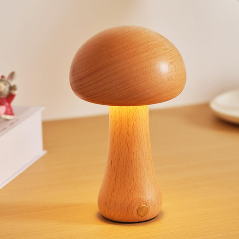 Small Wood Mushroom Lamp, LED Cordless Touch Lamp, Portable Dimmable Battery Lamp for Bedroom Nightstand