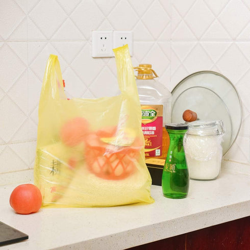 LazyMe T Shirt Bags, Plastic Bags with Handles for Grocery and Retail Shopping, 12x20 Inch, Yellow, 50pcs