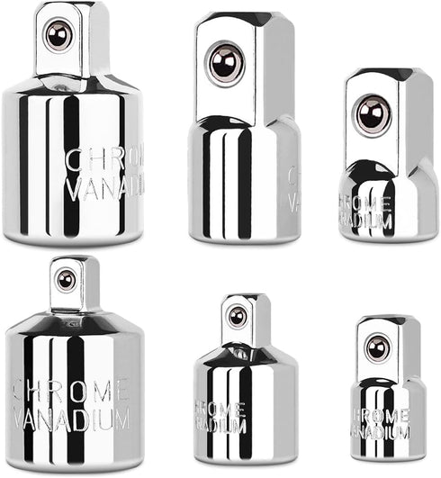 6 Piece Socket Adapter and Reducer Set, 1/4", 3/8", 1/2" Chrome Vanadium Steel Ratchet/Socket Kit