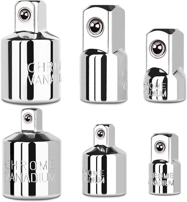 6 Piece Socket Adapter and Reducer Set, 1/4", 3/8", 1/2" Chrome Vanadium Steel Ratchet/Socket Kit