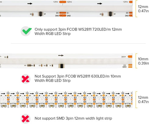 BTF-LIGHTING 3Pin 12mm Width Transparent Connector Kit 8pcs Strip to Strip Connector 8 Pairs of Wire to Strip Connectors Only Support FCOB SPI WS2811 720LED/m RGB (+ DI GND) 3 Wires LED Strip by BTF-LIGHTING