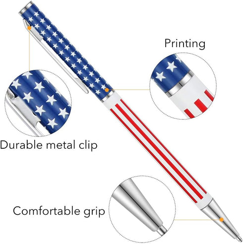Unibene Slim Metal Retractable Ballpoint Pens, Bulk of 6 Count, Patriotic American Flag, Medium Point (1 mm Black Ink)