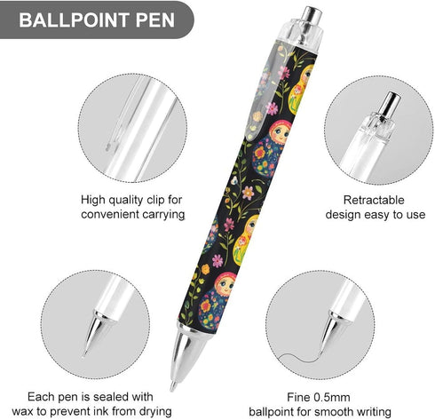 Generic 0.5mm 4 Russian Nesting Dolls Flowers Retractable Ballpoint Pen Smooth Writing Gel Ink Pens Black Inks