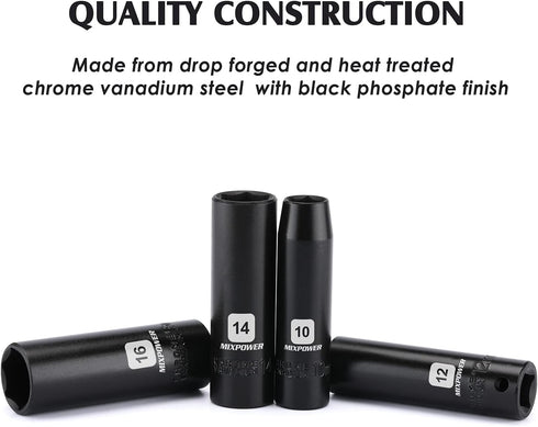 13 3/8-Inch Set, 7mm 19mm, 6 13 3/8" MIXPOWER Pieces Drive Deep Impact Socket to CR-V, Metric, Point, Deep, Pieces Dr.