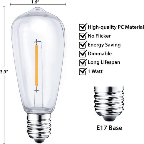 25Pack E17 Bulbs ST40 Bulbs, 0.6Watt Bulb, Dimmable Bulbs ST40 2700K LED Replacement Light Per Waterproof Shatterproof