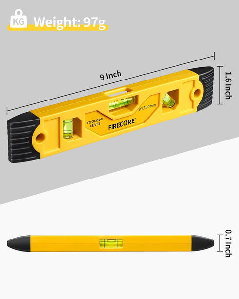 9 Inch 3 45 90 180 Torpedo Level Magnetic, Firecore Shockproof Small Leveler Tool with Bubble Spirit Level Degree