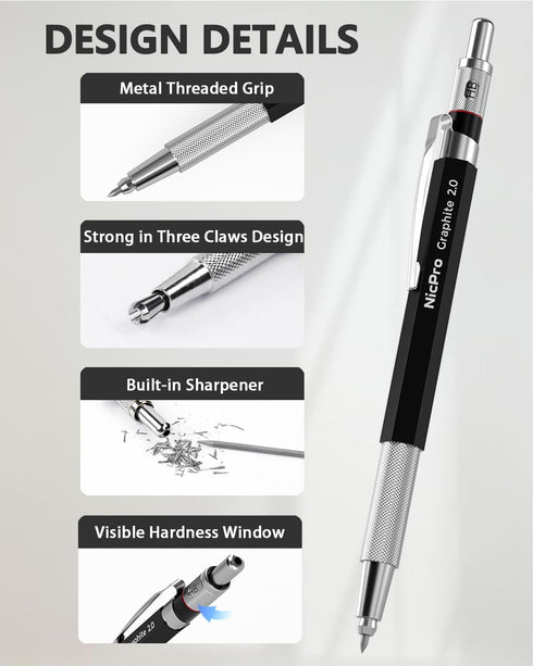Nicpro 2mm Welder Mechanical Pencil Set with 24PCS Silver Refills, 2mm Metal Lead Holder, Carpenter Pencil with Sharpener for Welding, Cutting, Woodworking, Metals Alloys Wood Leather Material by Nicpro