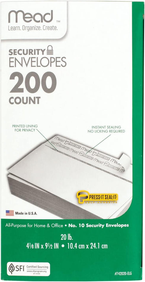 Mead Envelopes, Letter Size #10, Security Tinted Self Seal Envelopes, 4-1/8 x 9.5”, 200 per Pack (742020)